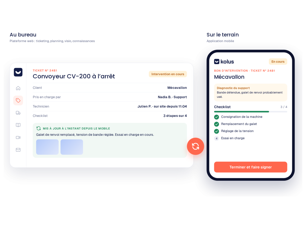 L’interface web de Kolus au bureau et l’application mobile du technicien, affichant la même intervention