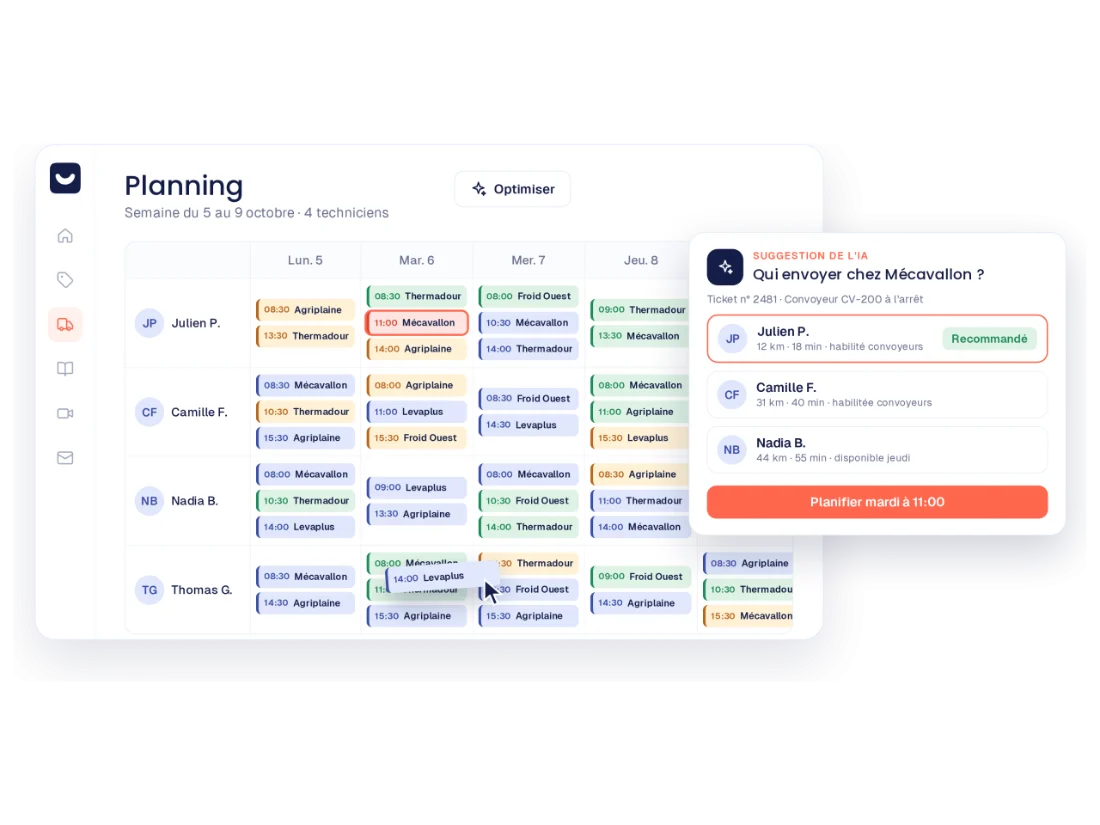 Planning des techniciens dans Kolus avec suggestion du technicien selon compétences et position