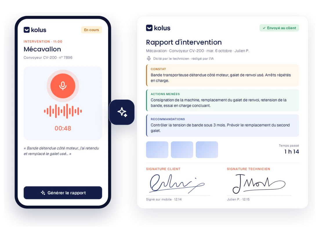 Rapport d'intervention rédigé depuis l'application mobile Kolus, avec note vocale et signatures