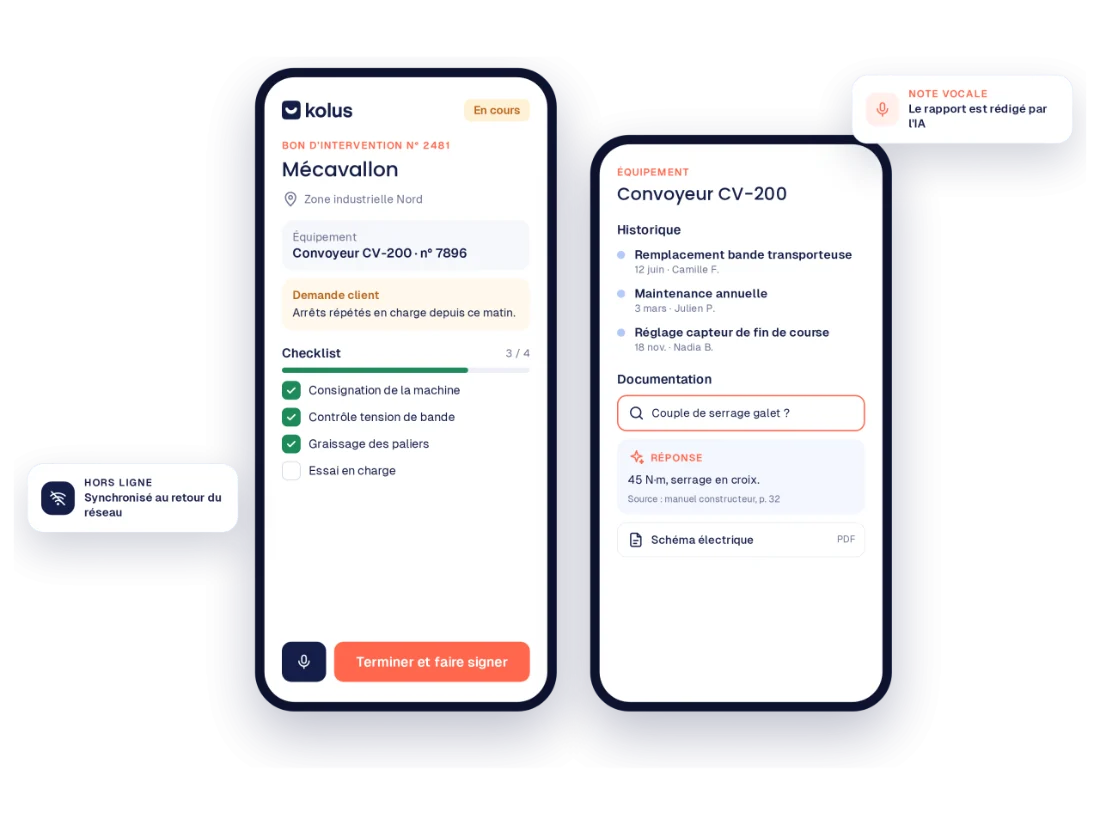 Bon d'intervention et historique de la machine dans l'application mobile Kolus